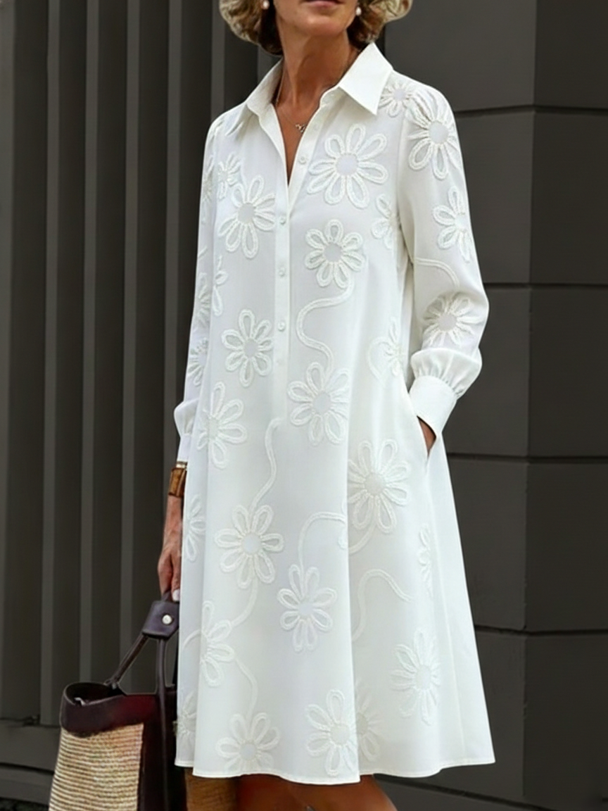 Vestido elegante com bordado floral e gola de camisa