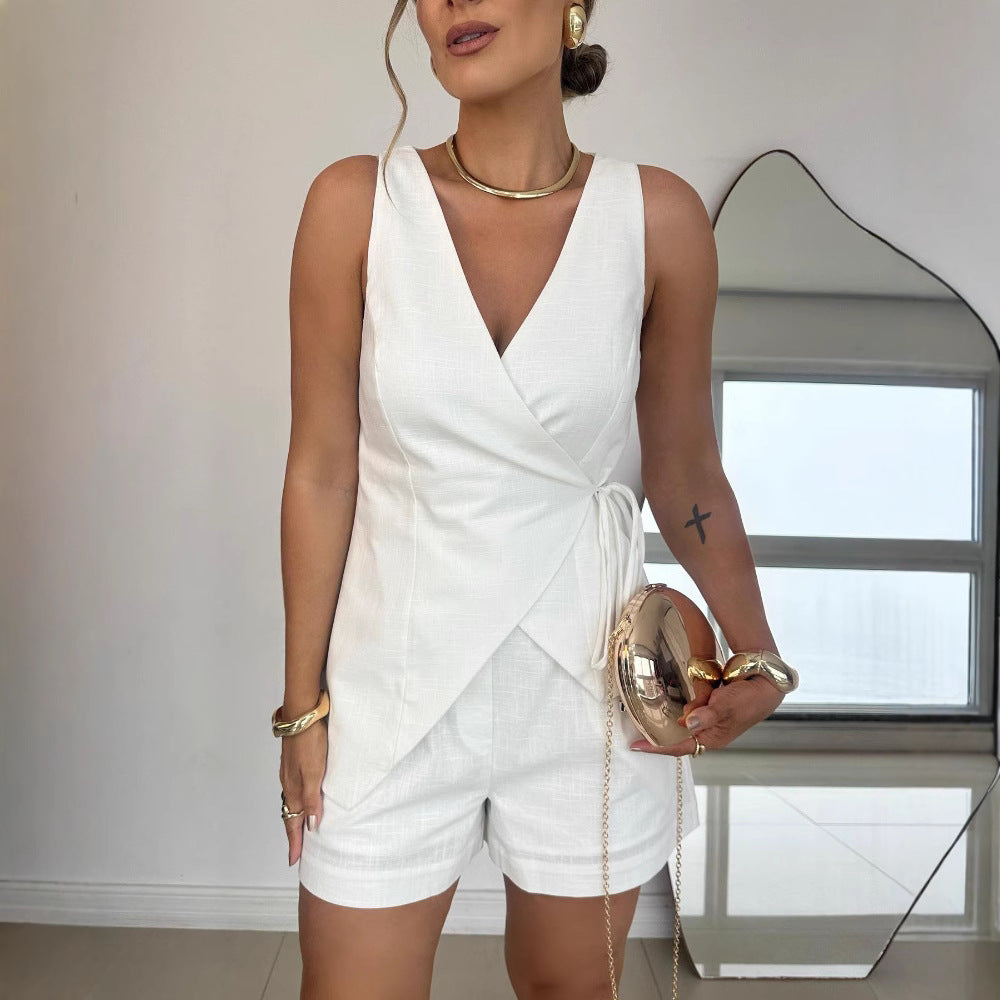 💖 Fato da moda com decote em V profundo e cor sólida