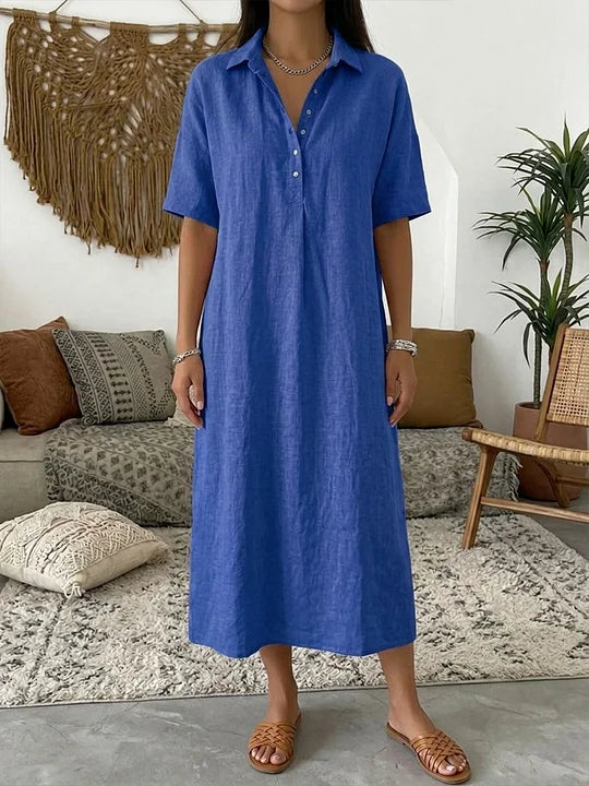 Vestido polo para mulher em algodão e linho – Manga curta casual para o verão