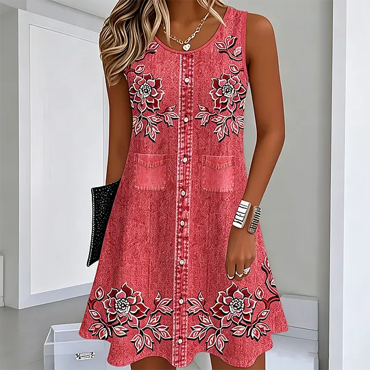 Vestido sem mangas – com um estampado e um look que imita jeans.