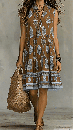 Vestido comprido de gola polo sem mangas com estampado em estilo boémio