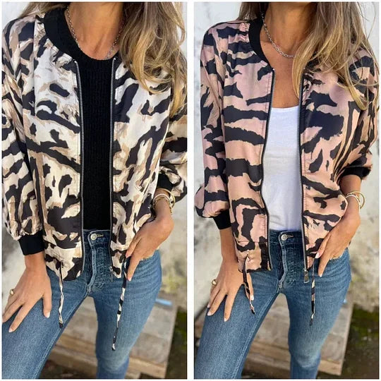 Casaco de mulher com fecho e estampa de zebra para outono