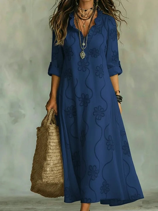 Vestido evasé floral em estilo retro com gola franzida