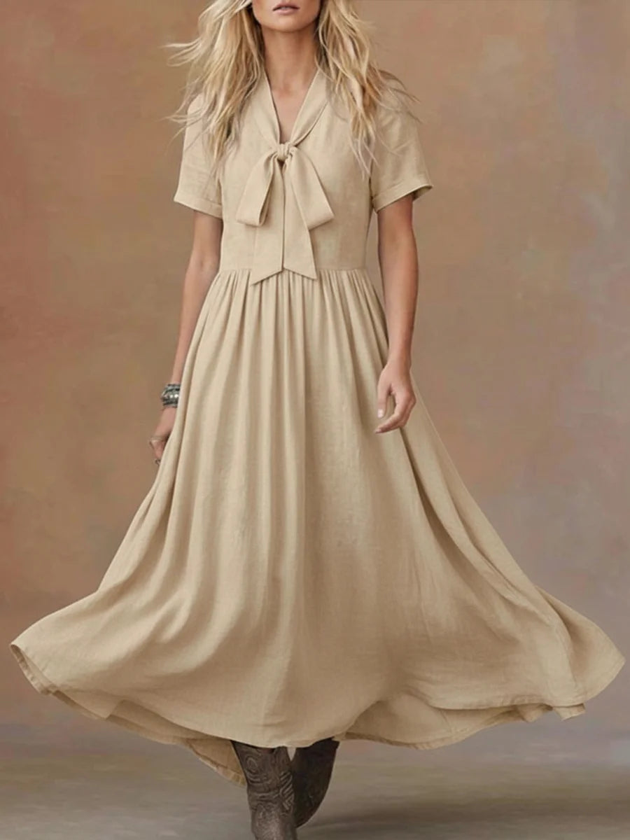Vestido confortável em linho e algodão com atilhos na cintura