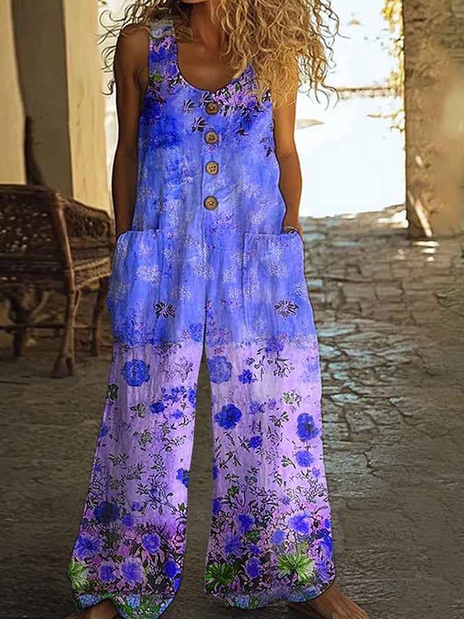 Macacão casual vintage para mulher com patchwork floral