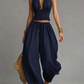 Conjunto sexy boho de duas peças com top de alças e calças pantalona.