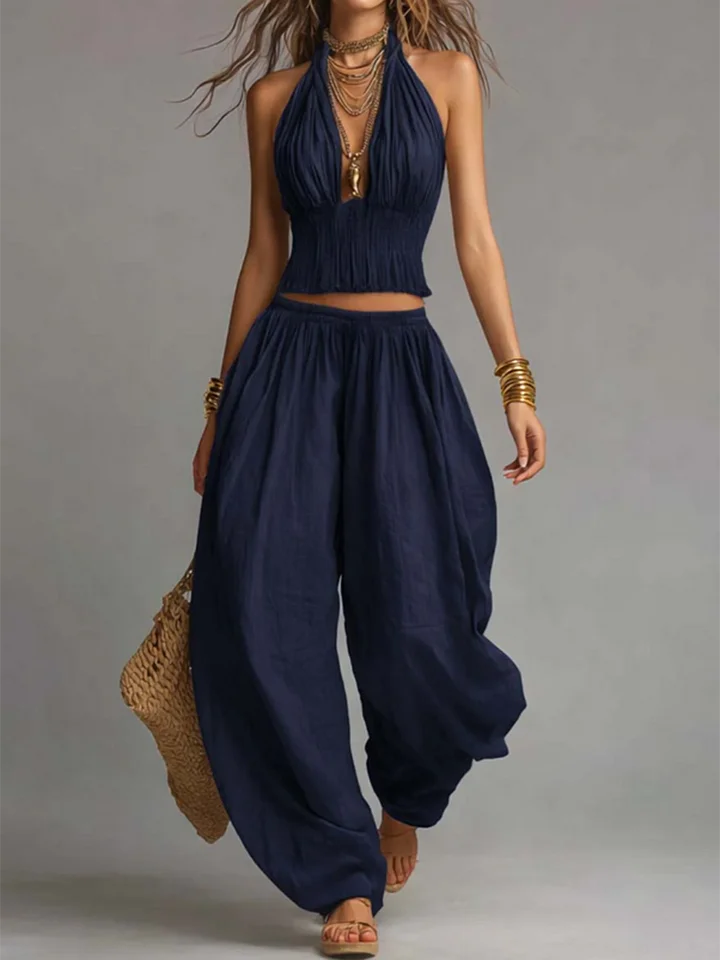 Conjunto sexy boho de duas peças com top de alças e calças pantalona.