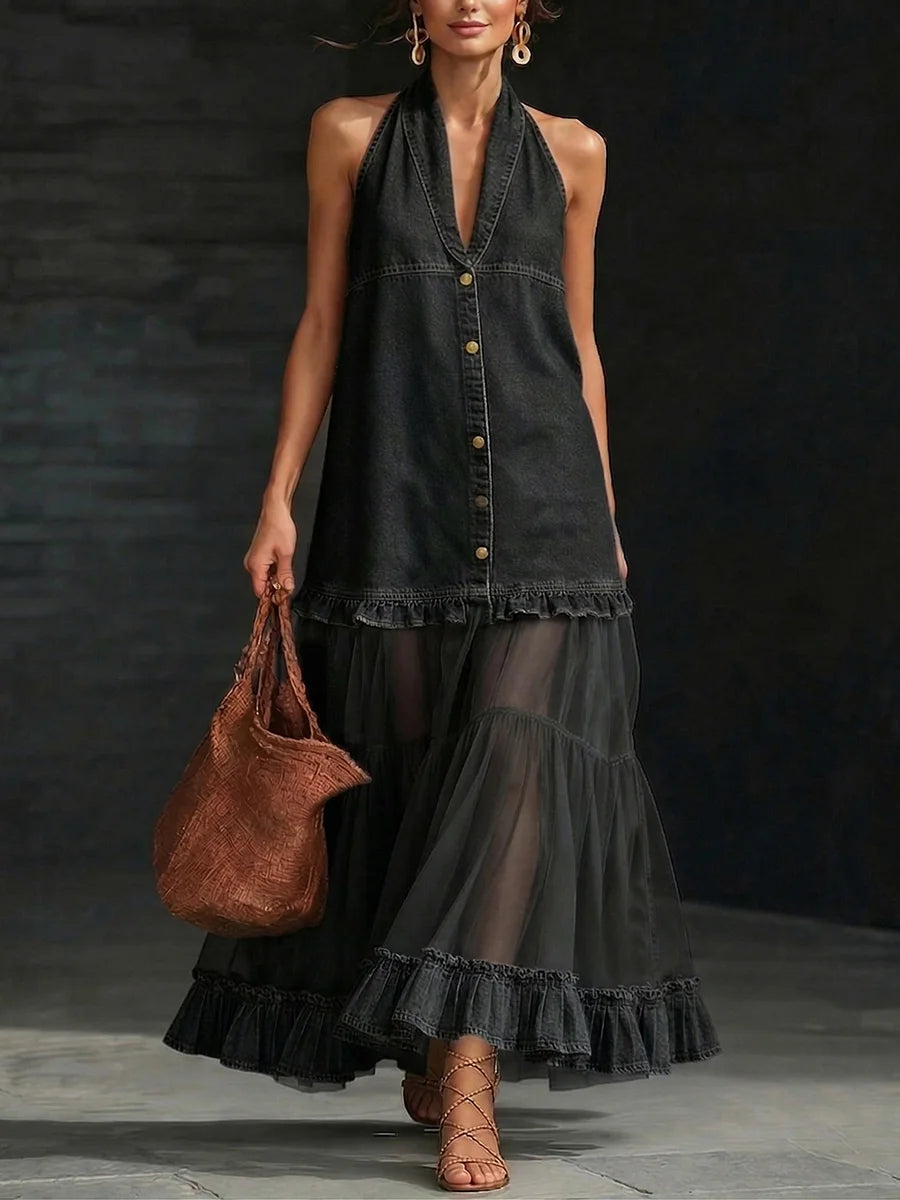 Vestido comprido elegante e elegante em ganga com painéis de organza