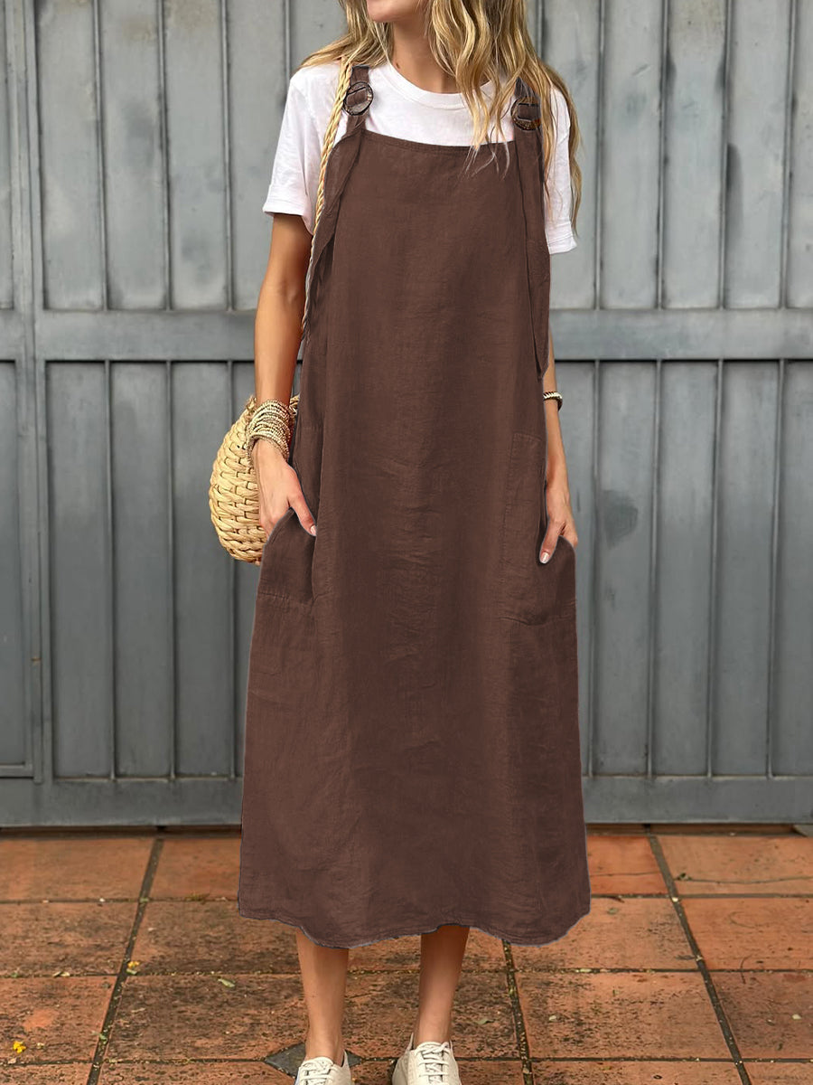 Vestido de mulher em algodão e linho com alça ajustável e bolso