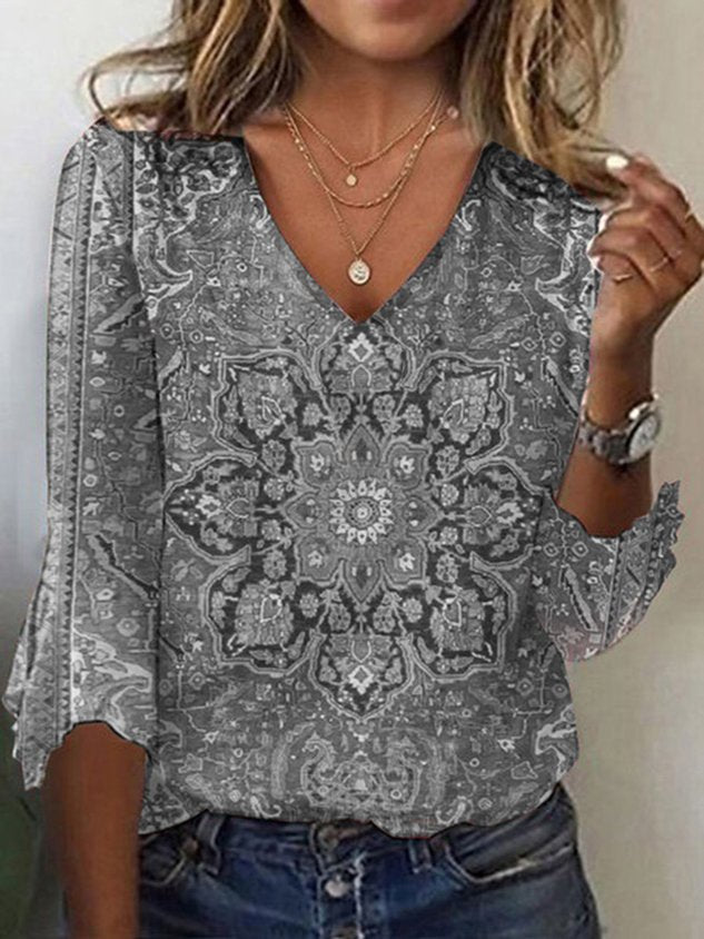 Camisa casual para mulher, manga 3/4, decote em V, adequada para o dia a dia