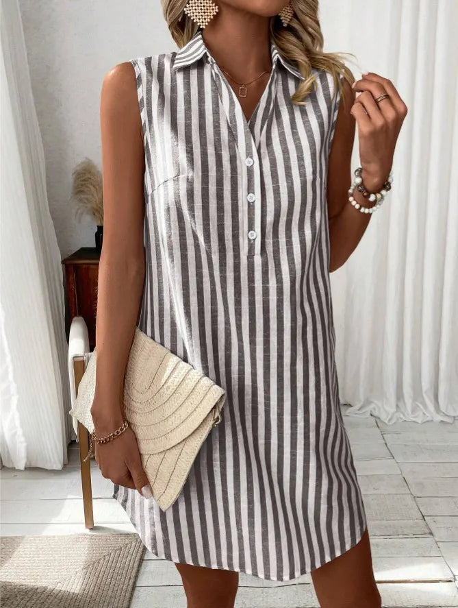 Vestido-camisa às riscas para mulher sem mangas com decote em V