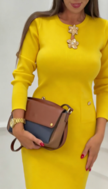 Vestido elegante de mangas compridas com gola redonda