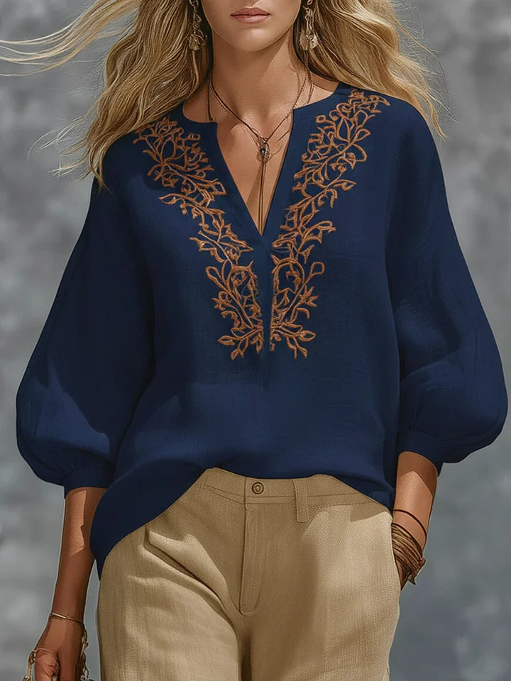 Camisa larga em linho e algodão com decote em V