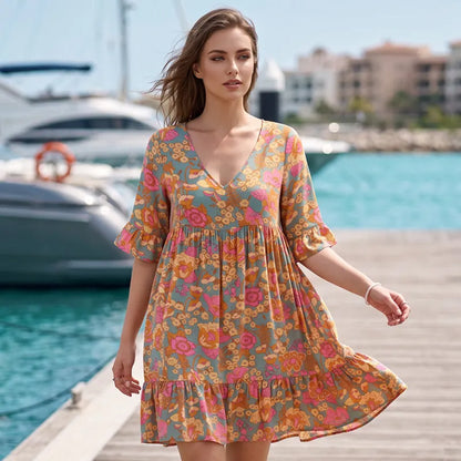 Vestido de menina com decote em V, punhos franzidos e estampado floral