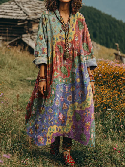 Vestido comprido de algodão confortável com estampado, decote em V e bolsos