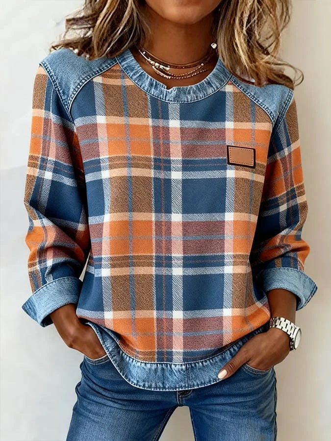 Sweatshirt casual de mulher de gola redonda em ganga com estampa xadrez e patchwork