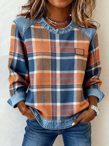 Sweatshirt casual de mulher de gola redonda em ganga com estampa xadrez e patchwork