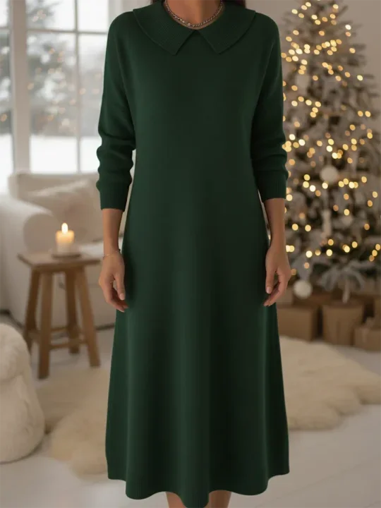 Vestido midi de malha com gola Peter Pan retro