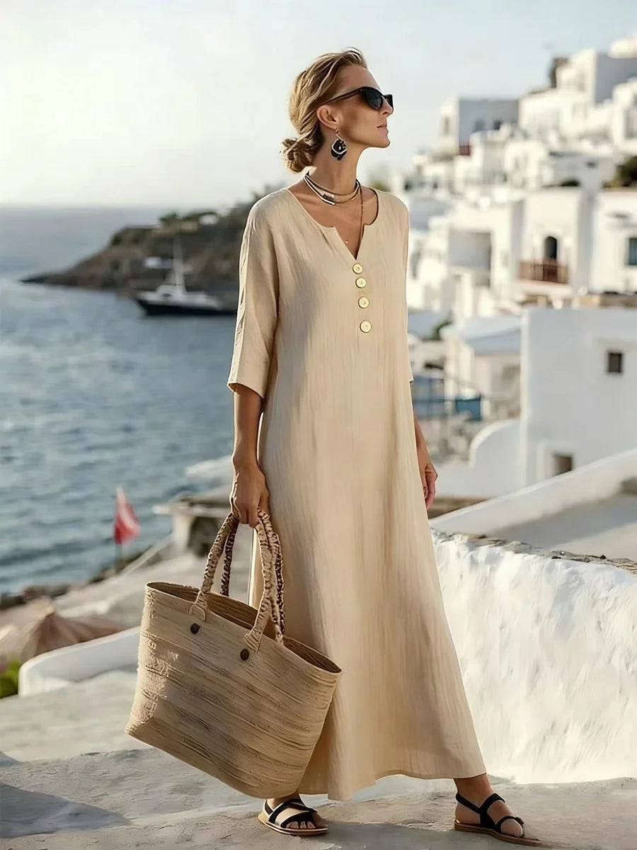 💗【Tamanhos S-3XL】👗Vestido de senhora em algodão e linho com mangas abalonadas e botões