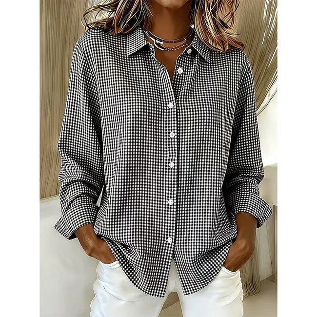 Camisa xadrez de manga comprida para mulher em estilo retro