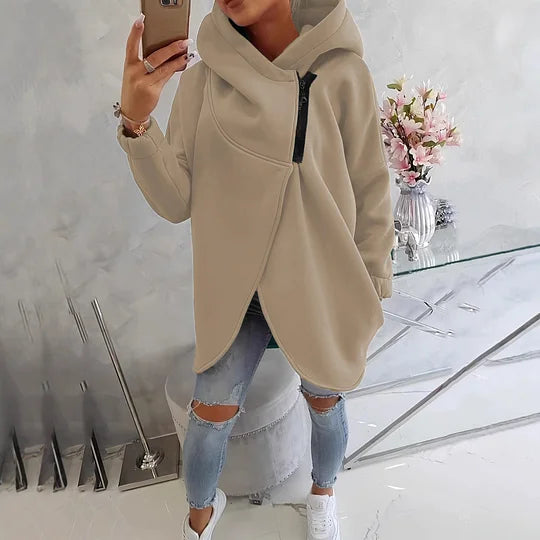 Sweatshirt de mulher com capuz de cor sólida, bolso frontal e fecho