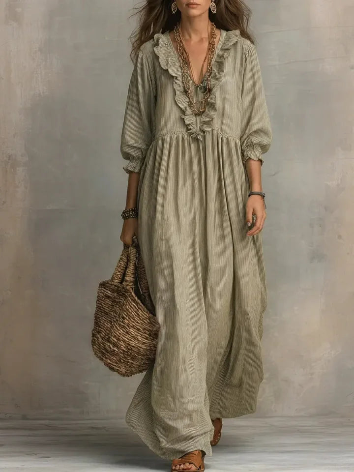 Vestido comprido feminino casual e elegante com estampado às riscas e folhos para férias