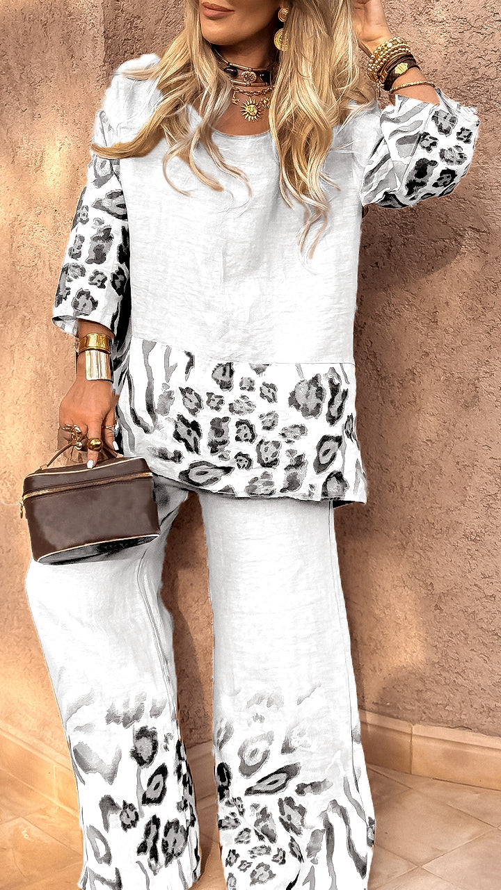Fato casual de senhora em algodão e linho com estampado de leopardo e gola redonda