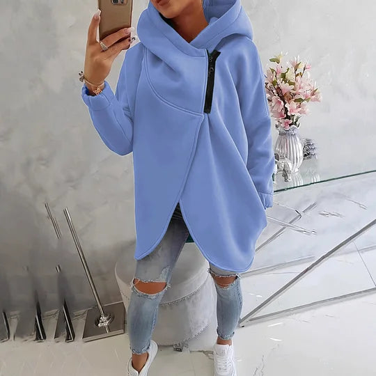 Sweatshirt de mulher com capuz de cor sólida, bolso frontal e fecho