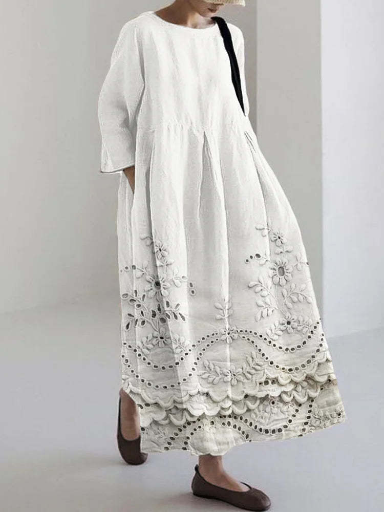 Elegante saia comprida feita de mistura de linho com renda floral bordada