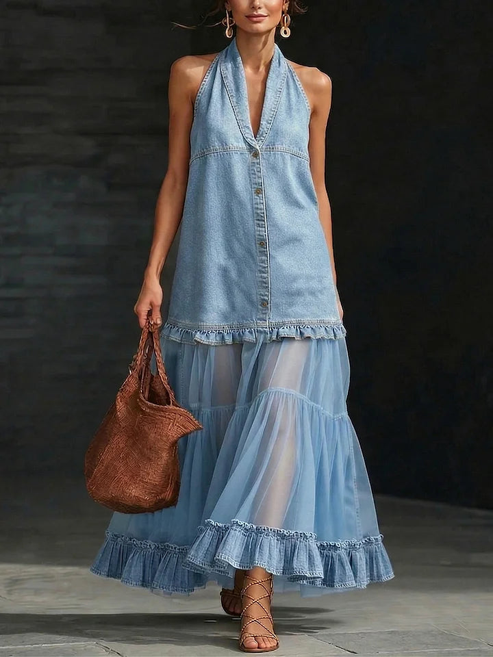 Vestido comprido elegante e elegante em ganga com painéis de organza