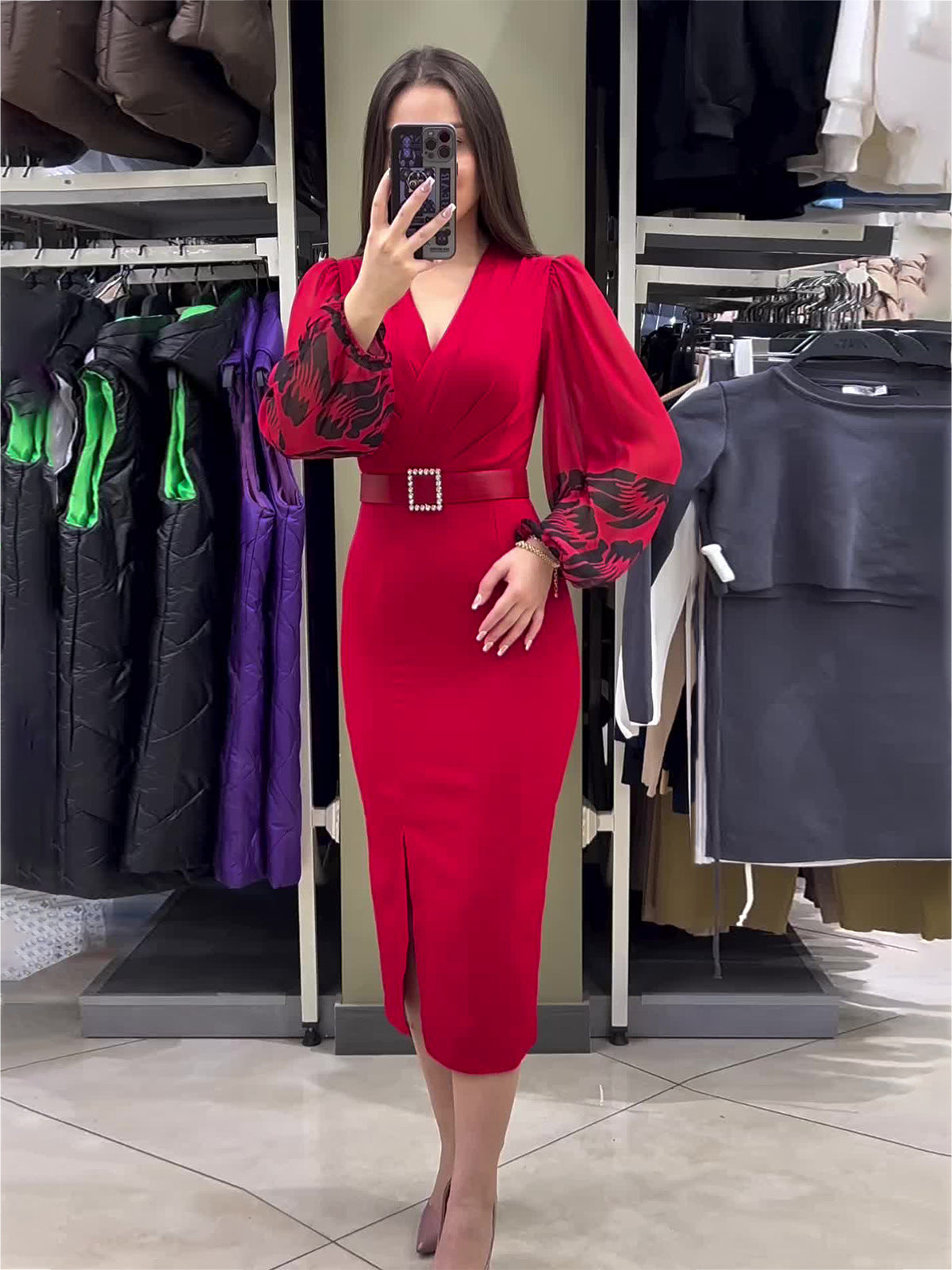 🎁Promoção imperdível🔥Elegante vestido de menina vermelho com decote em V