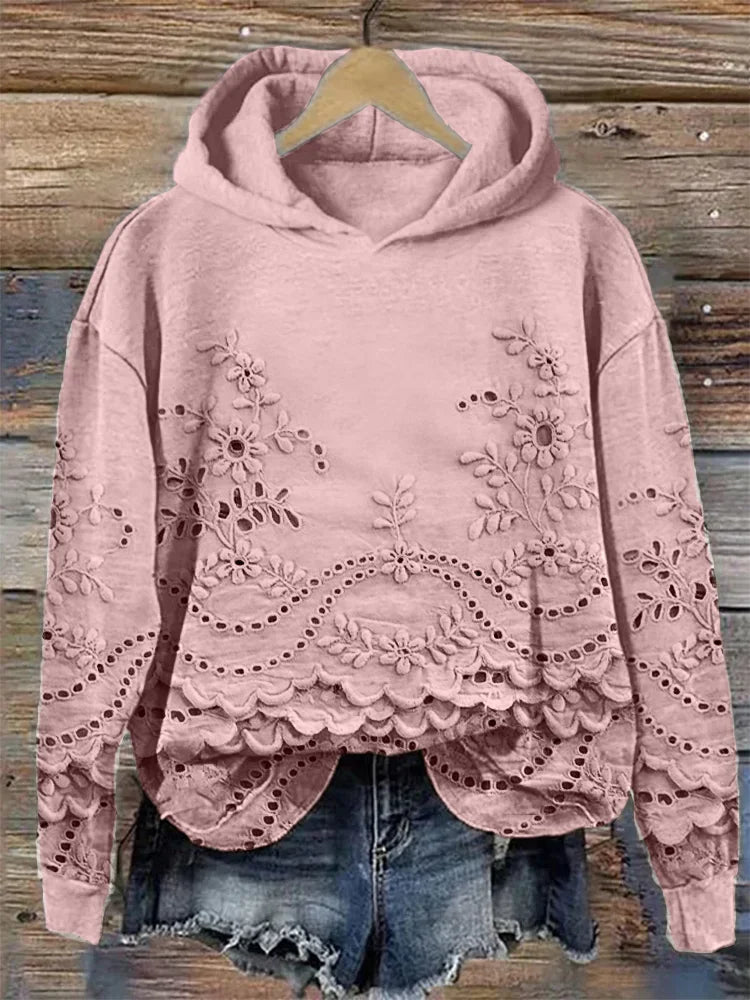 Sweatshirt casual para mulher com capuz floral texturizado e bolsos