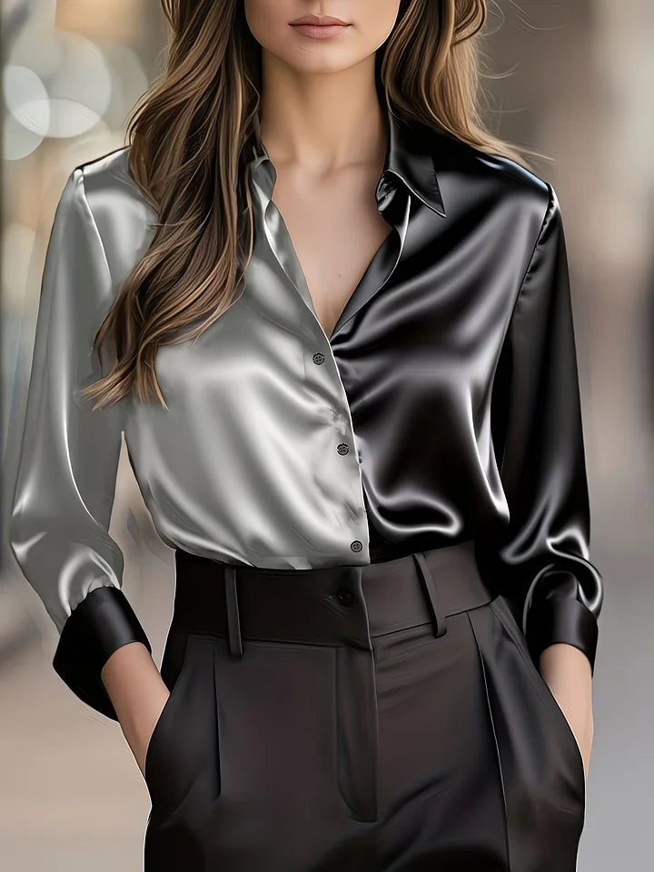 Camisa de trabalho de senhora elegante em cetim com blocos de cores