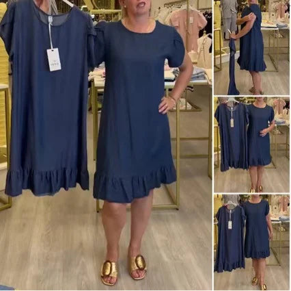 Vestido casual de ganga de manga curta e gola redonda