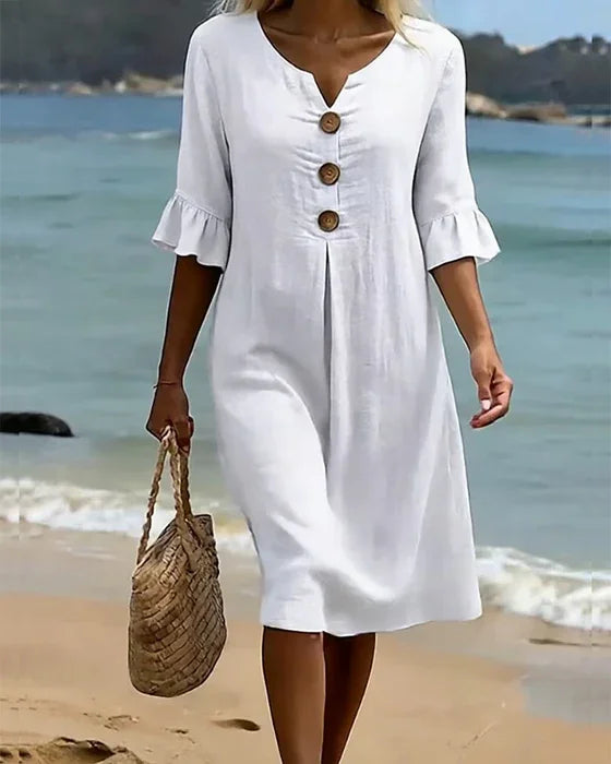 Vestido de senhora em algodão e linho, modelo 2026