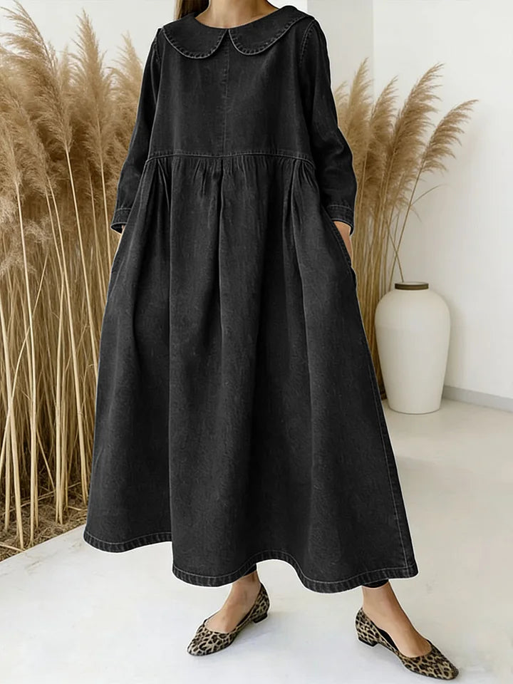 Vestido casual de ganga para mulher de manga comprida e modelagem solta
