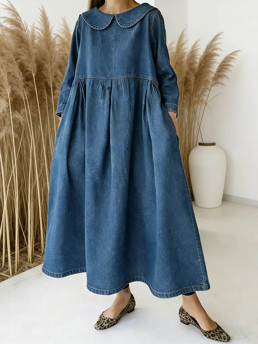 Vestido casual de ganga para mulher de manga comprida e modelagem solta