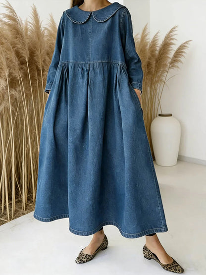 Vestido casual de ganga para mulher de manga comprida e modelagem solta