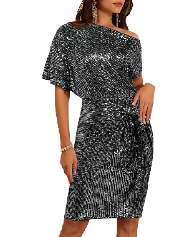 Um vestido de lantejoulas que atrai todos os olhares com as suas curvas irresistíveis e confiança inigualável