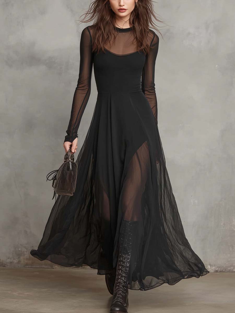 Vestido maxi retro com decote redondo e tecido transparente 2025