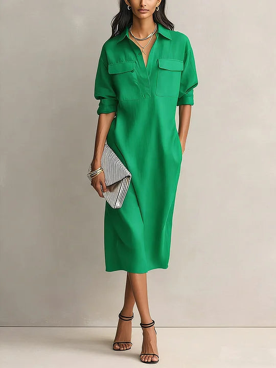 Vestido casual em algodão e linho, de cor sólida, manga comprida e corte largo