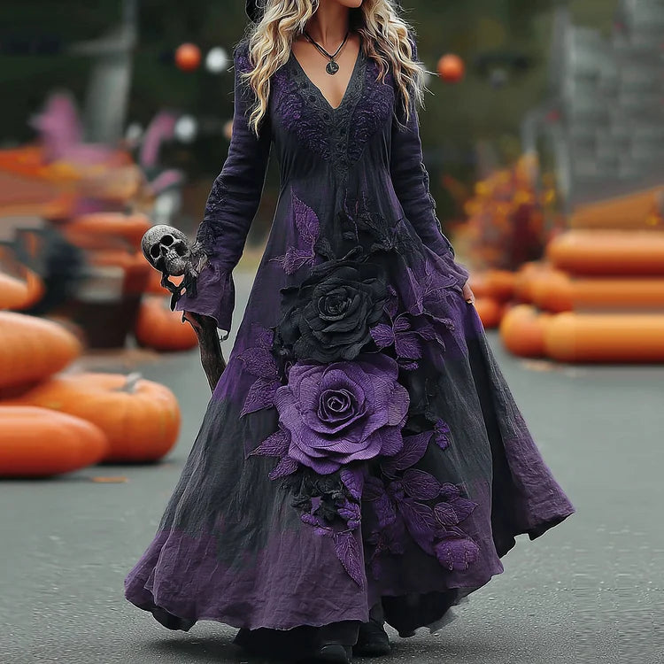 Vestido comprido clássico de Halloween para mulher com estampado de rosas roxas e linho confortável