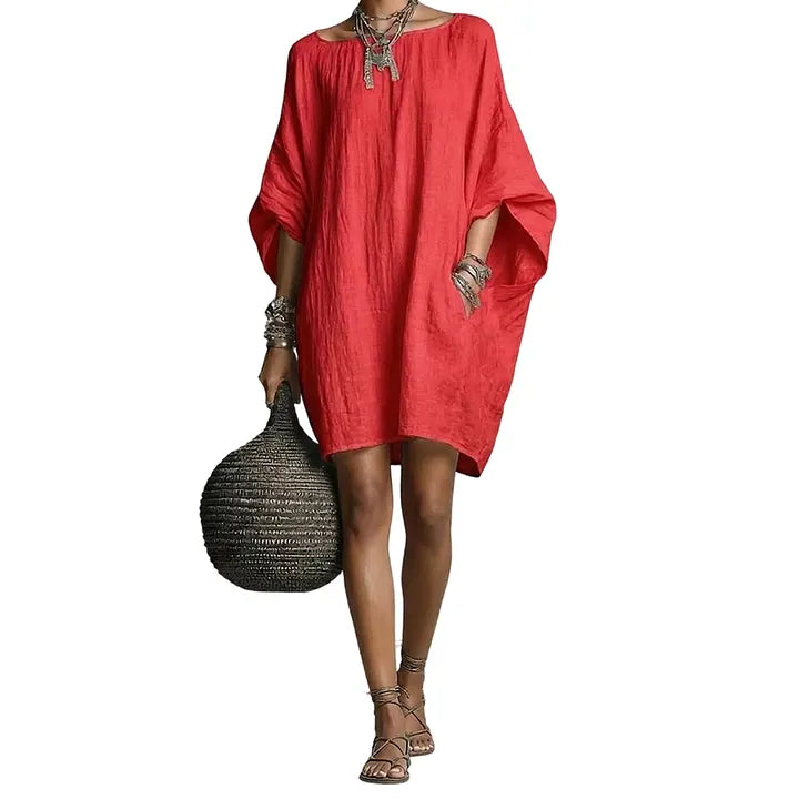 🌿 Vestido largo em algodão e linho com mangas morcego