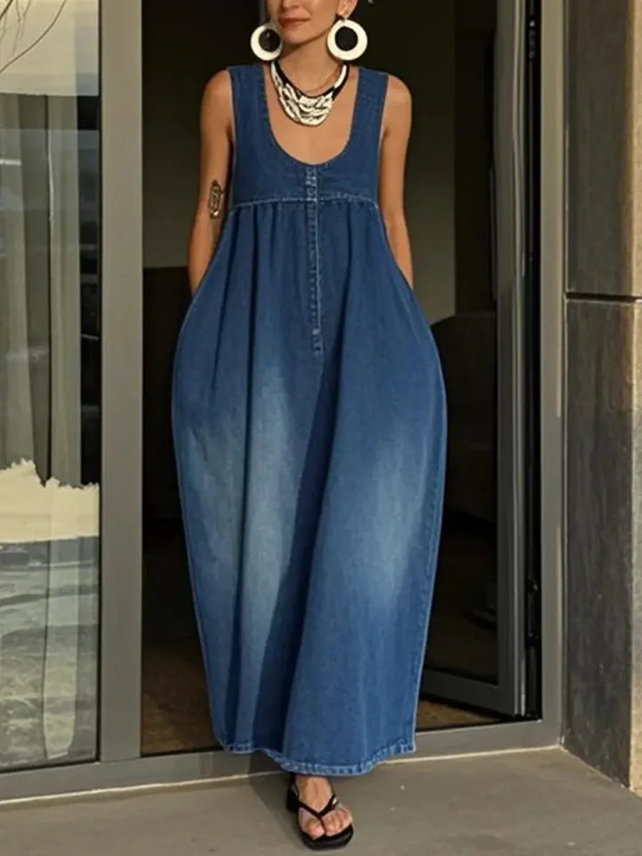 Vestido colete casual sem mangas para mulher em ganga