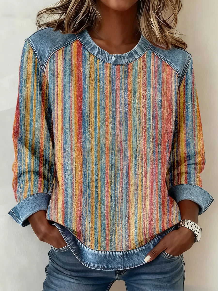 Blusa de moletom para mulher em patchwork com riscas coloridas