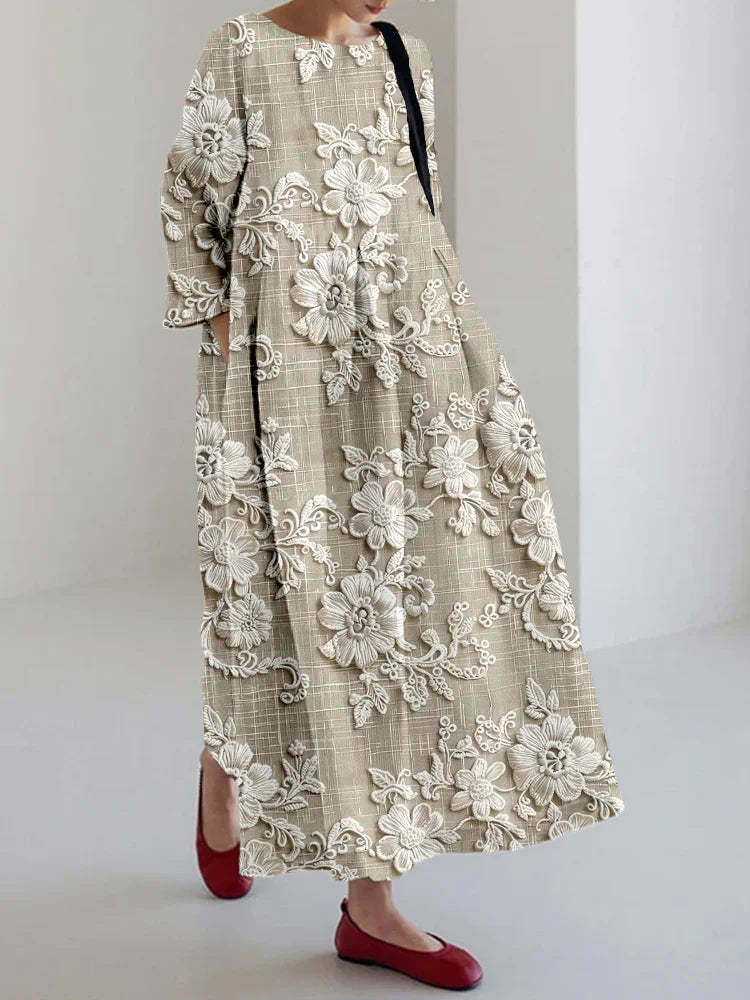 Elegante saia comprida feita de mistura de linho com renda floral bordada
