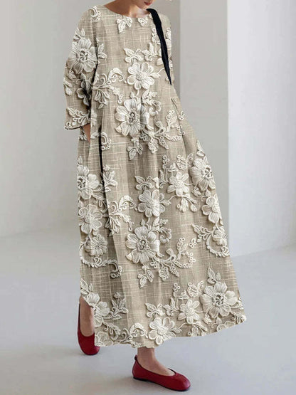Elegante saia comprida feita de mistura de linho com renda floral bordada