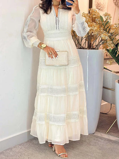 Vestido comprido elegante de renda com manga comprida