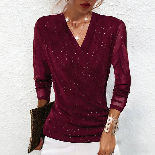 🔥Ofertas Imperdíveis - Blusa de Mulher de Manga Comprida com Decote em V e Lantejoulas