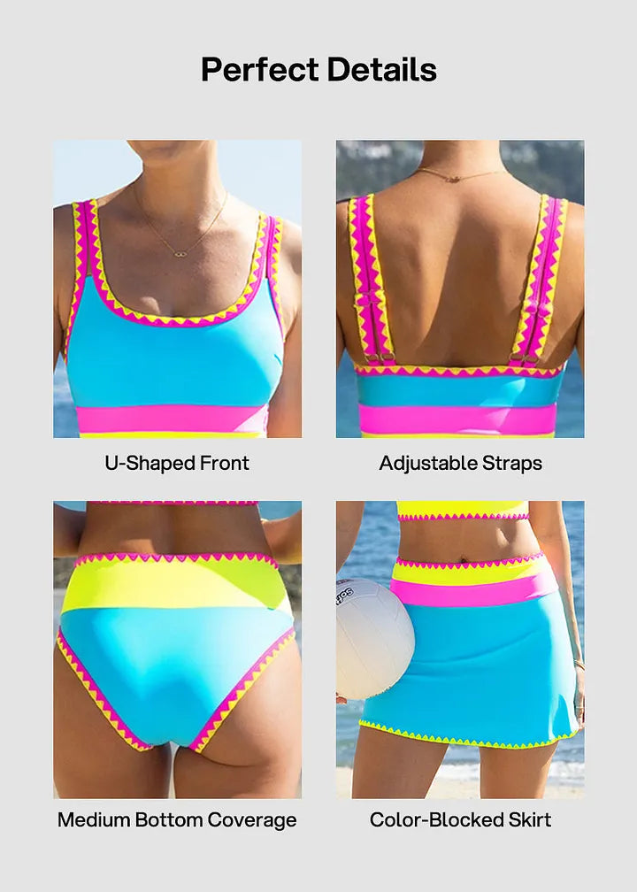 ✨Conjunto de biquíni de 3 peças colorido e desportivo, fabricado em nylon de alto contraste.
